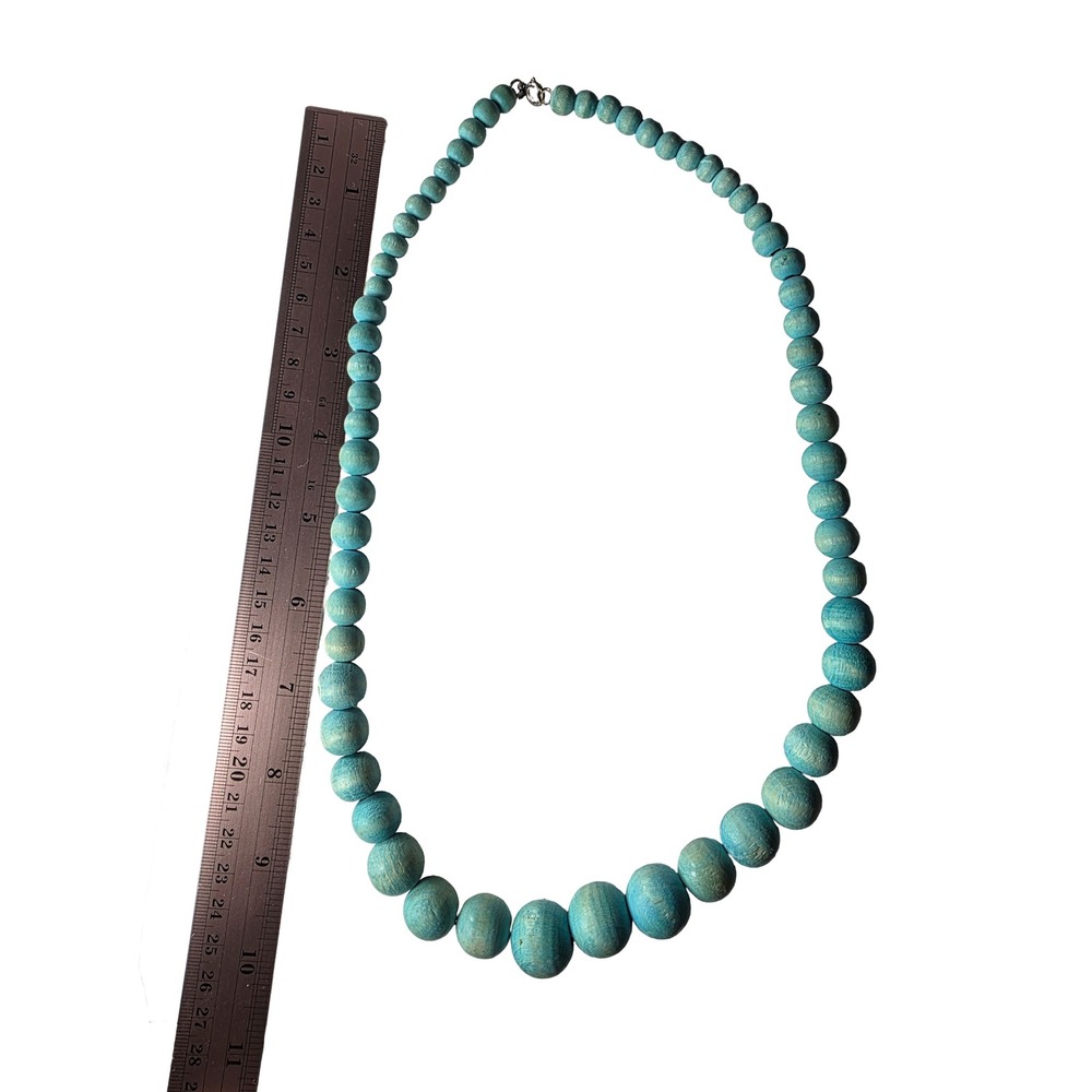 Vintage Boho Distressed Turquoise Blue Wooden Bead Necklace Southwestern Indie - Picture 5 of 5
